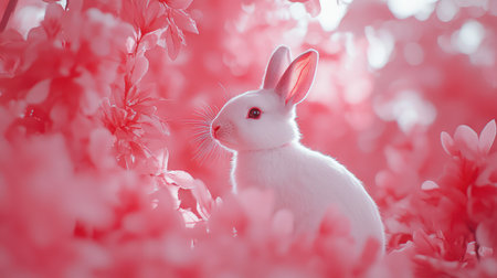 A single bunny sitting near a soft-focus floral background, perfect for a dreamy copy space effect.の素材