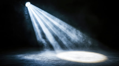 Bright club spotlight casting long, defined light beams, creating a sharp contrast between the illuminated floor and the surrounding dark shadows of the empty venue. The focus is entirely on the light itself. No text, no people.の素材