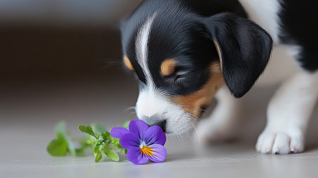 A curious puppy sniffing a tiny violet flower, playful and bright background with open copy space.の素材