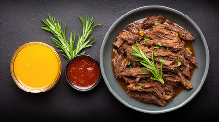 Slow-cooked beef brisket shredded with juices and herbs, rustic food photography with clean spaceの素材