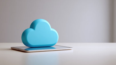 A striking blue cloud icon rests on a tablet, symbolizing cloud computing and digital storage in a modern tech environment, set against a simple backdrop.の素材