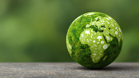 A vibrant green globe representing the Earth, surrounded by nature, adorned with eco-friendly icons symbolizing sustainability and environmental consciousness, perfect for nature projects.の素材