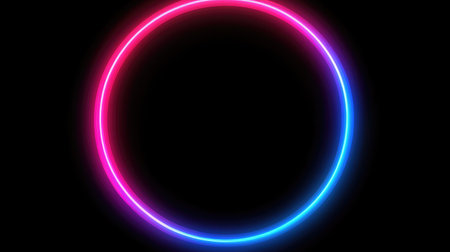 Neon arcs forming a circular portal, glowing with vibrant electric blue and pink highlights, leaving space for creative use. No text, no people.の素材