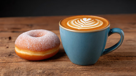 A steaming cup of latte with beautiful art sits beside a soft donut, creating an inviting scene for coffee lovers seeking a delightful treat on a rustic table.の素材