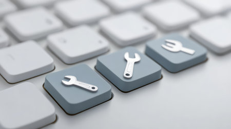 A detailed close-up image of a computer keyboard featuring icons of a wrench and fork, symbolizing settings and maintenance, perfect for tech-related themes and concepts.の素材