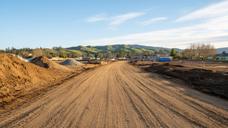 A serene construction site featuring a dirt road leading toward rolling hills under a beautiful blue sky, ideal for showcasing development and earthwork themes in outdoor environments.の素材