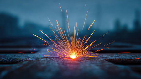 A striking image of bright sparks flying from a metal surface in an industrial environment, capturing the energy and creativity involved in welding and metalwork processes.の素材