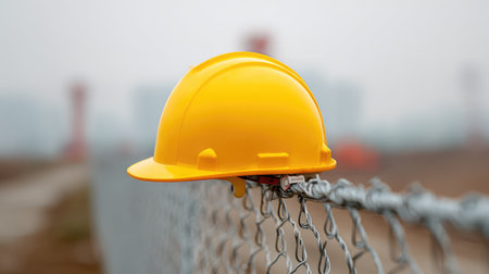 A bright yellow hard hat rests securely on a chain link fence at a construction site, symbolizing protection and safety within the industrial environment amid a blurred background.の素材