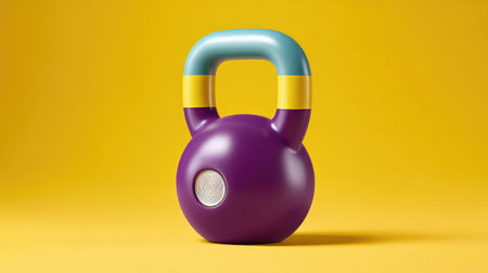 A vibrant kettlebell in purple, blue, and yellow sits against a bright yellow background, symbolizing strength and fitness for energetic workout enthusiasts.の素材