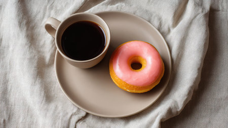 A delightful arrangement featuring a pink glazed doughnut next to a cup of rich coffee, showcasing comfort and sweetness in a cozy setting perfect for morning enjoyment.の素材