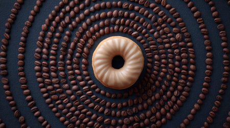 A stunning visual of a doughnut placed at the center, surrounded by earthy coffee beans arranged in a harmonious spiral, capturing the essence of indulgent treats and gourmet experiences.の素材