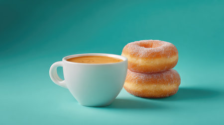 Enjoy a delightful snack pairing of freshly brewed coffee in a white cup alongside soft, sugar-dusted donuts, perfect for a cozy breakfast or an afternoon treat.の素材