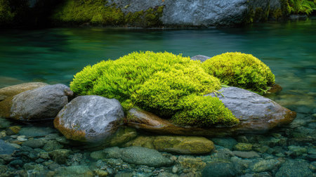 A serene view of lush green moss covering smooth stones in clear water, highlighting nature's beauty and tranquility in a peaceful outdoor setting.の素材