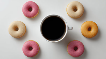 A charming arrangement of pastel-colored donuts surrounding a cup of hot black coffee, perfect for creating a delightful breakfast or snack experience.の素材