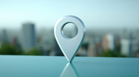 A sleek 3D representation of a location pin resting on a glass surface, set against a blurred city skyline. This image conveys themes of navigation, travel, and exploration.の素材