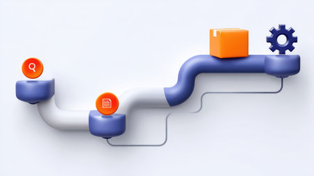 Vibrant abstract illustration depicting a modern workflow with pipes, geometric shapes, and symbols that represent logistics, search, and packaging in a digital context.の素材