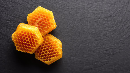 A stunning close-up of honeycomb on a dark slate surface, showcasing the intricate structure and vibrant color of this natural sweet treat, ideal for culinary projects or health themes.の素材