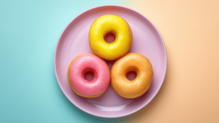 A vibrant display of three delicious donuts in yellow, pink, and orange colors atop a pastel plate, perfect for capturing the joy of sweet treats and dessert moments.の素材