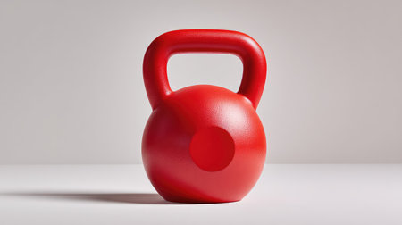 A bright red kettlebell stands alone on a sleek surface, ideal for highlighting themes of fitness, strength, and home workout motivation in various training programs and routines.の素材