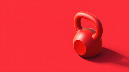 A vibrant red kettlebell rests on a matching red background, perfect for illustrating fitness themes, strength training, and wellness-focused imagery for various projects.の素材