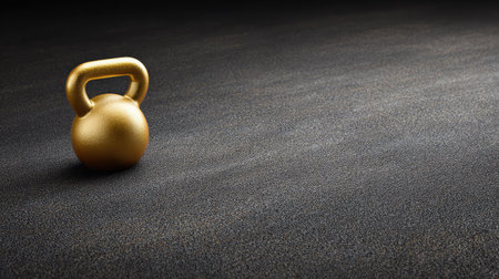 A golden kettlebell positioned elegantly on a dark and textured background, capturing the essence of fitness, strength training, and a modern workout environment.の素材