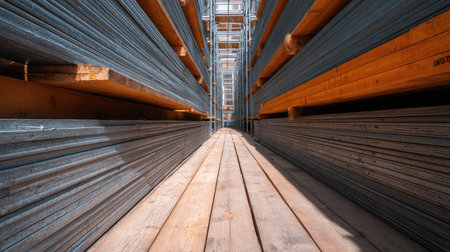 A unique perspective view showcasing a storage area filled with metal beams and wooden planks, emphasizing organization and industrial environment suitable for construction projects.の素材
