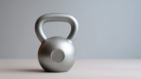 A sleek silver kettlebell placed on a minimalist surface, showcasing a modern design ideal for fitness and strength training. Perfect for health-focused imagery.の素材