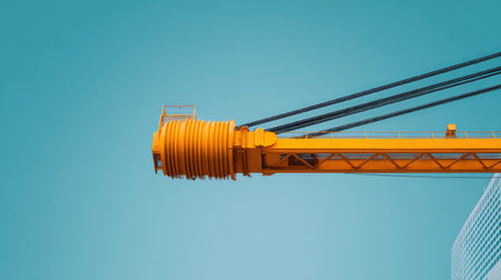 Captivating close-up of a vibrant yellow crane arm, showcasing its intricate design against a serene blue sky. Perfect for themes related to construction and industry.の素材