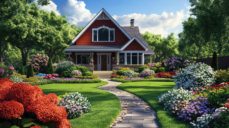 A cozy home with a simple summer garden, full of blooming flowers and well-maintained grass. Clear skies and natural light provide ample copy space.の素材