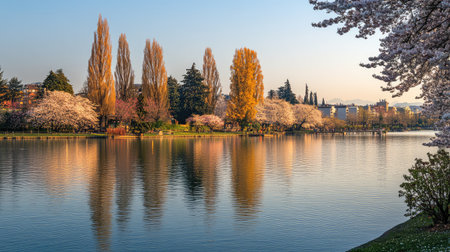 A calm lake surrounded by tall trees and colorful spring blossoms. The clear sky above and still water offer the perfect backdrop for copy space.の素材
