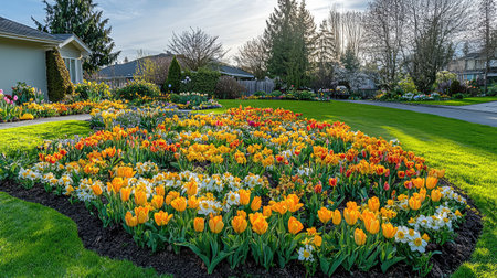 A freshly planted spring garden with colorful tulips and daffodils, surrounded by soft green grass. The clear sky and bright sunlight create ample copy space.の素材