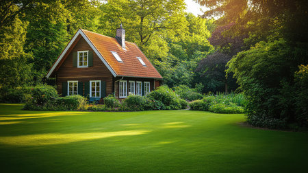 A minimalist Scandinavian home with dark wood cladding, a simple gable roof, and a lush, green garden. Copy space with soft sunlight.の素材