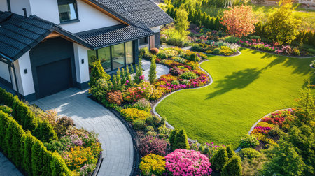 A modern house surrounded by a garden with a manicured lawn, small trees, and flower beds. The quiet outdoor setting creates ample copy space.の素材
