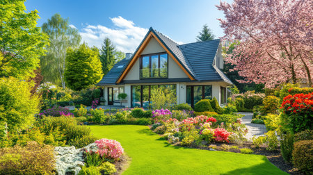 A modern house with a lush garden, trees, and colorful flowers in full bloom under the summer sun. The peaceful scene offers ample copy space.の素材