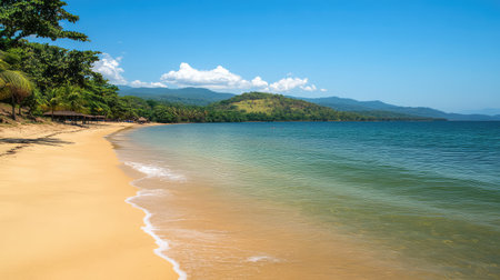 A serene beach scene with calm waters and a soft sandy shore, all under a bright blue sky. The tropical landscape provides ample room for copy.の素材