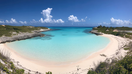 A panoramic view of a pristine beach with clear turquoise waters and a bright blue sky. The smooth sand and clear water offer ample copy space for tropical themes.の素材