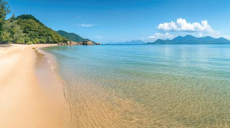 A panoramic view of a pristine beach with clear turquoise waters and a bright blue sky. The smooth sand and clear water offer ample copy space for tropical themes.の素材