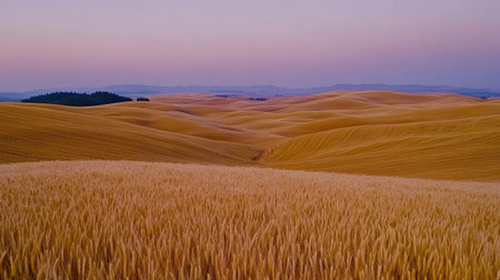 A wide view of a golden wheat field under a vibrant sunset sky. The soft light and rolling hills create a beautiful nature landscape with perfect copy space.の素材