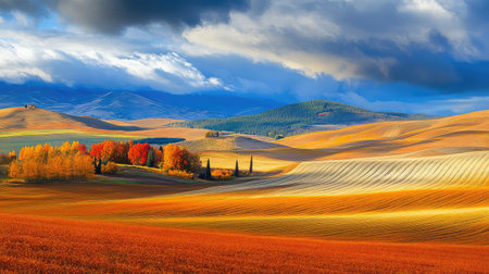 A vast autumn field with vibrant orange, yellow, and red trees in the distance. The sweeping landscape offers plenty of copy space.の素材