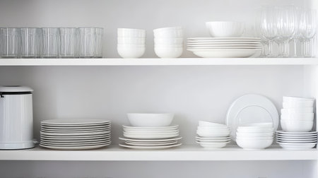 Close-up of modern kitchen shelves with neatly stacked plates, bowls, and glasses. White and neutral tones with copy space.の素材