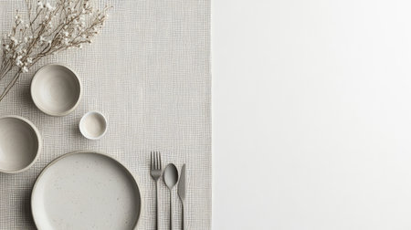 Elegant dining setup with porcelain dishware, polished silverware, and a linen table runner. Clean copy space.の素材