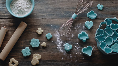 Flat lay of baking essentials including rolling pins, cookie cutters, flour, and a whisk on a dark wooden surface. Copy space in center.の素材