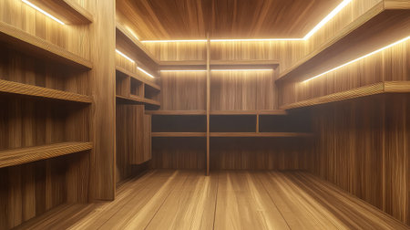 Luxurious walk-in closet with wooden shelves, soft lighting, and minimal decor. Copy space available on walls.の素材