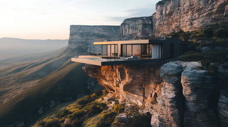 Luxury hillside home with large glass balconies overlooking a breathtaking landscape. Copy space in background.の素材