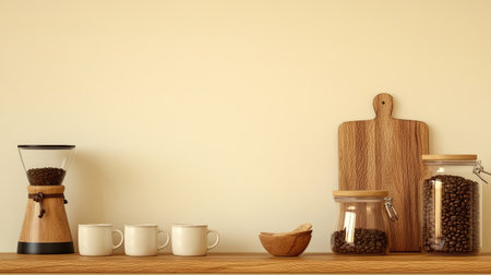 Kitchen counter with coffee maker, mugs, and a glass jar of coffee beans. Warm tones with copy space on background wall.の素材