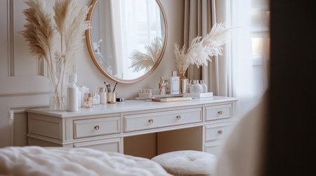 Stylish dressing room with vanity table, round mirror, and soft neutral tones. Elegant setting with copy space.の素材