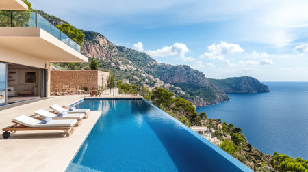 Spacious luxury villa with multiple levels, a beautiful infinity pool, and an elegant outdoor space. Copy space.の素材