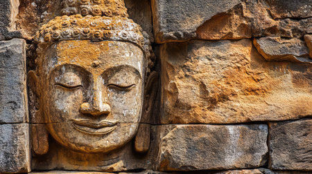 Ancient Buddha carved into stone wall, textured background with natural shadows and copy spaceの素材
