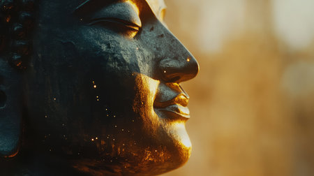 A close-up of a meditating Buddha statue's serene face, bathed in golden light, with an empty background offering space for creative text or brandingの素材