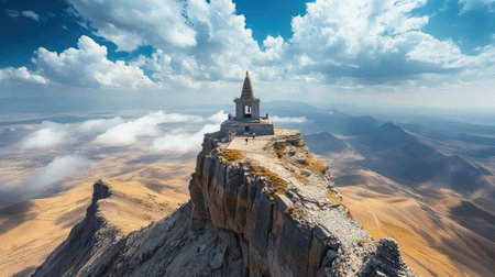 An isolated stupa perched on a mountain ridge, surrounded by low clouds and distant hills with wide open spaceの素材